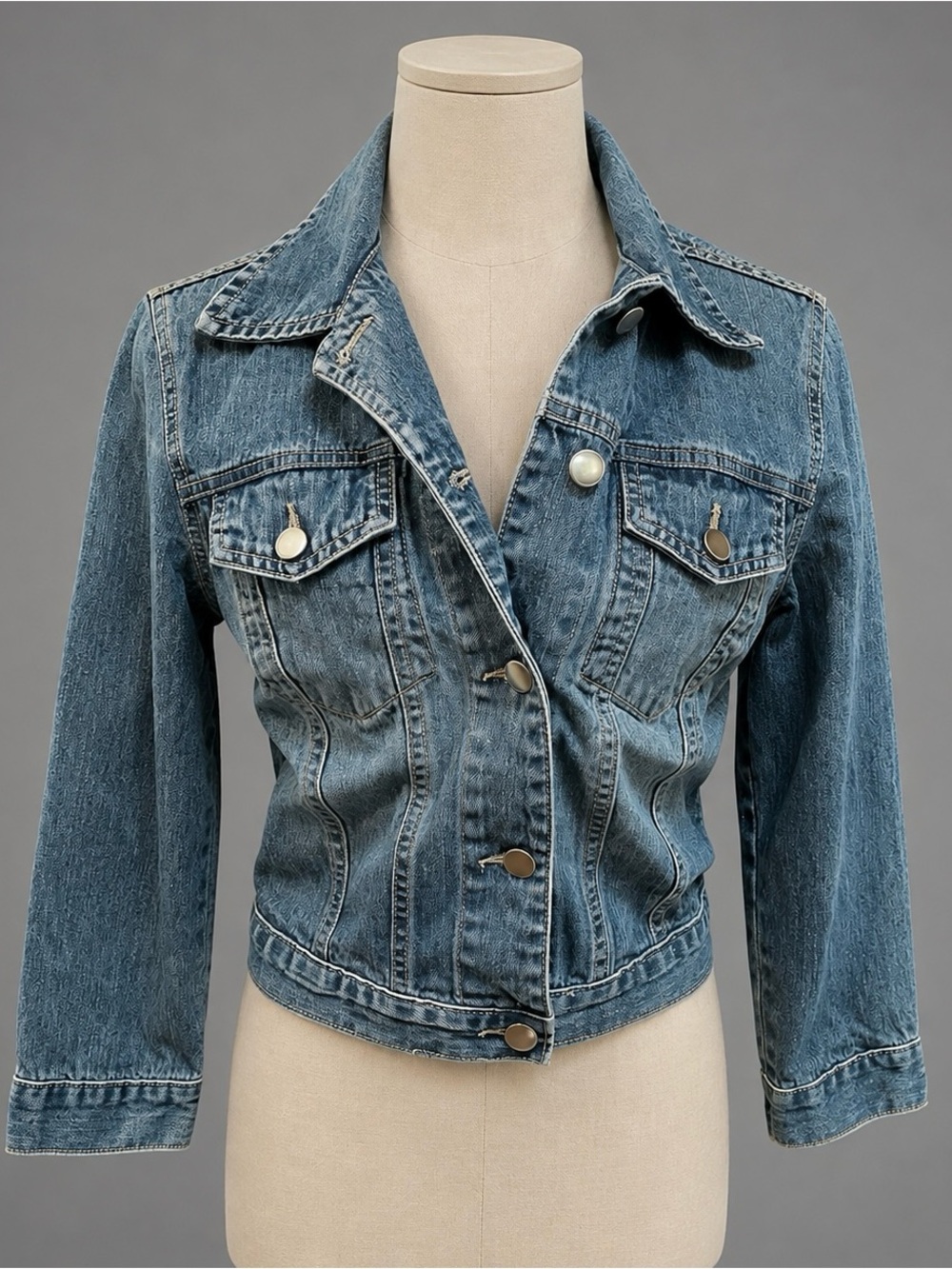 VTG Bulldog Juniors S Blue Denim Cropped Jean Jacket 3/4 Sleeve